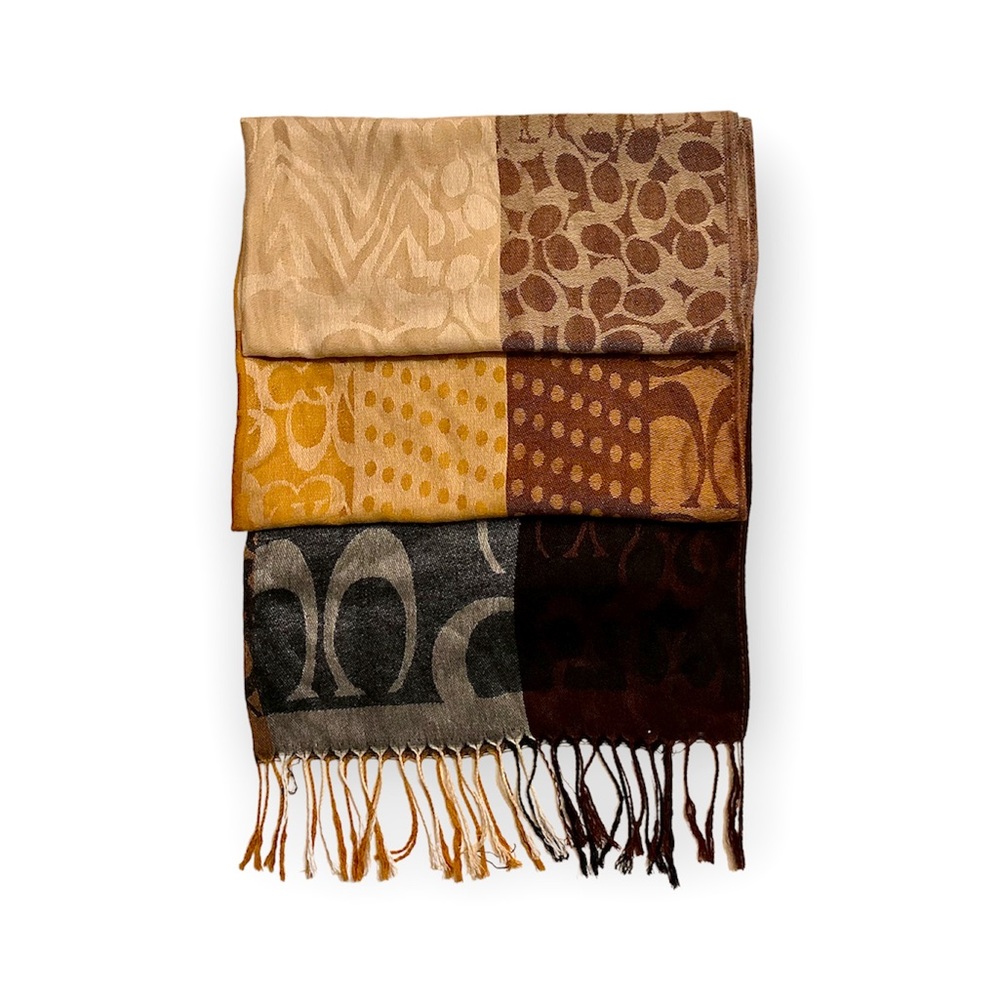 Coach Patchwork Logo Fringe Scarf in Beige, Gold & Brown